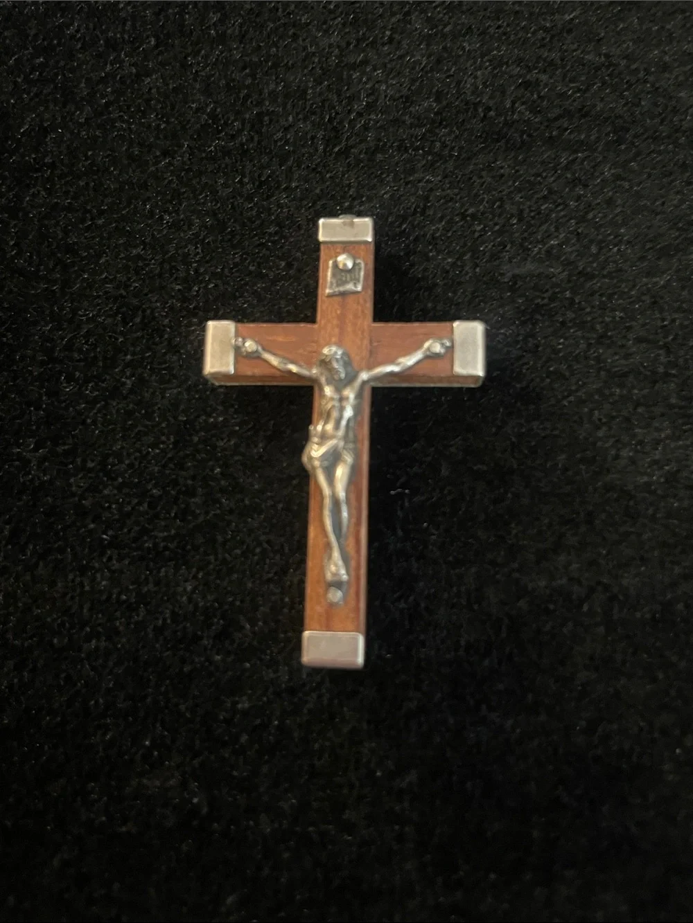 VINTAGE Brown Wood Cross Pendant with Silver Corpus 1.5”